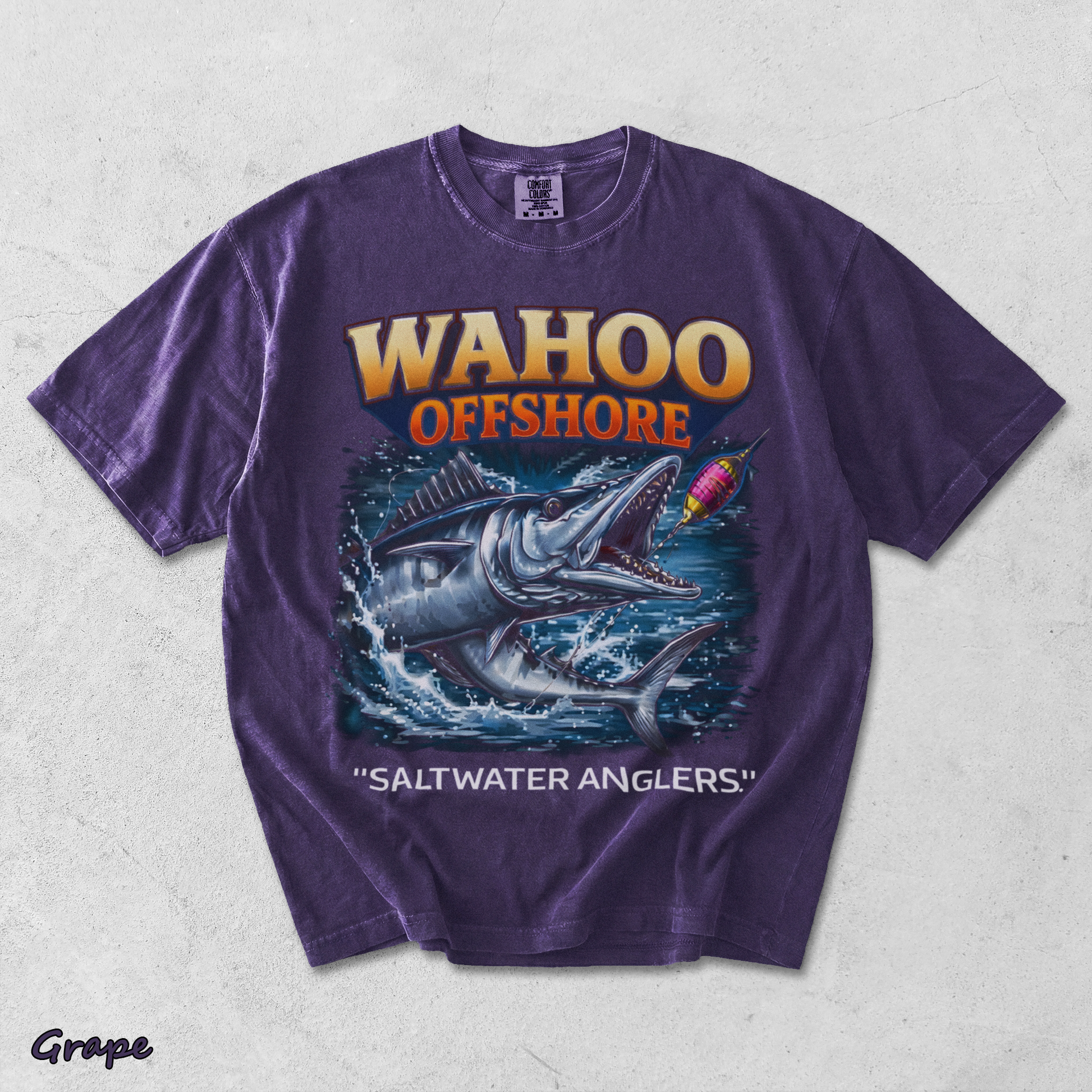 Wahoo Fishing T Shirt Offshore Angler Graphic Tee Saltwater Ocean Gift back - Grape mockup