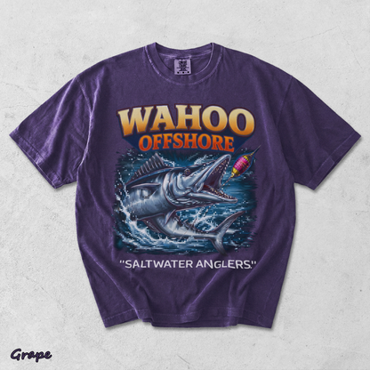 Wahoo Fishing T Shirt Offshore Angler Graphic Tee Saltwater Ocean Gift back - Grape mockup