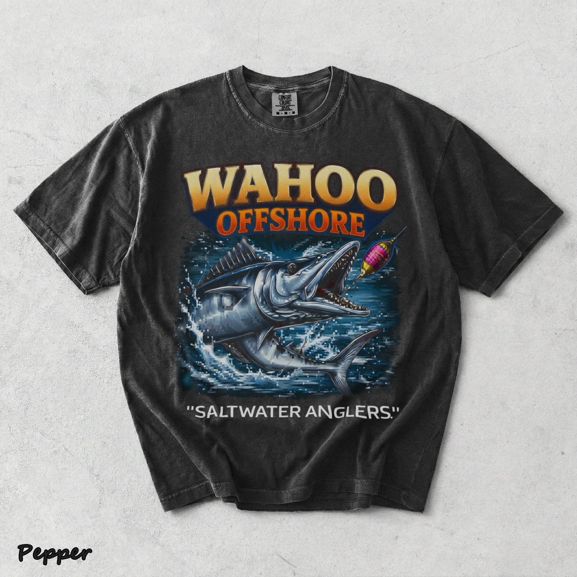 Wahoo Fishing T Shirt Offshore Angler Graphic Tee Saltwater Ocean Gift back - Pepper mockup