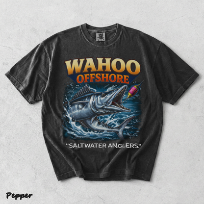 Wahoo Fishing T Shirt Offshore Angler Graphic Tee Saltwater Ocean Gift back - Pepper mockup