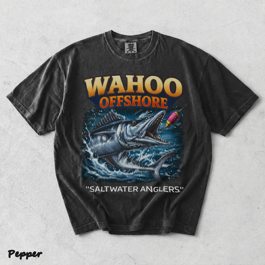 Wahoo Fishing T Shirt Offshore Angler Graphic Tee Saltwater Ocean Gift back - Pepper mockup