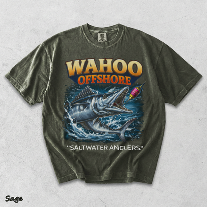 Wahoo Fishing T Shirt Offshore Angler Graphic Tee Saltwater Ocean Gift back - Sage mockup