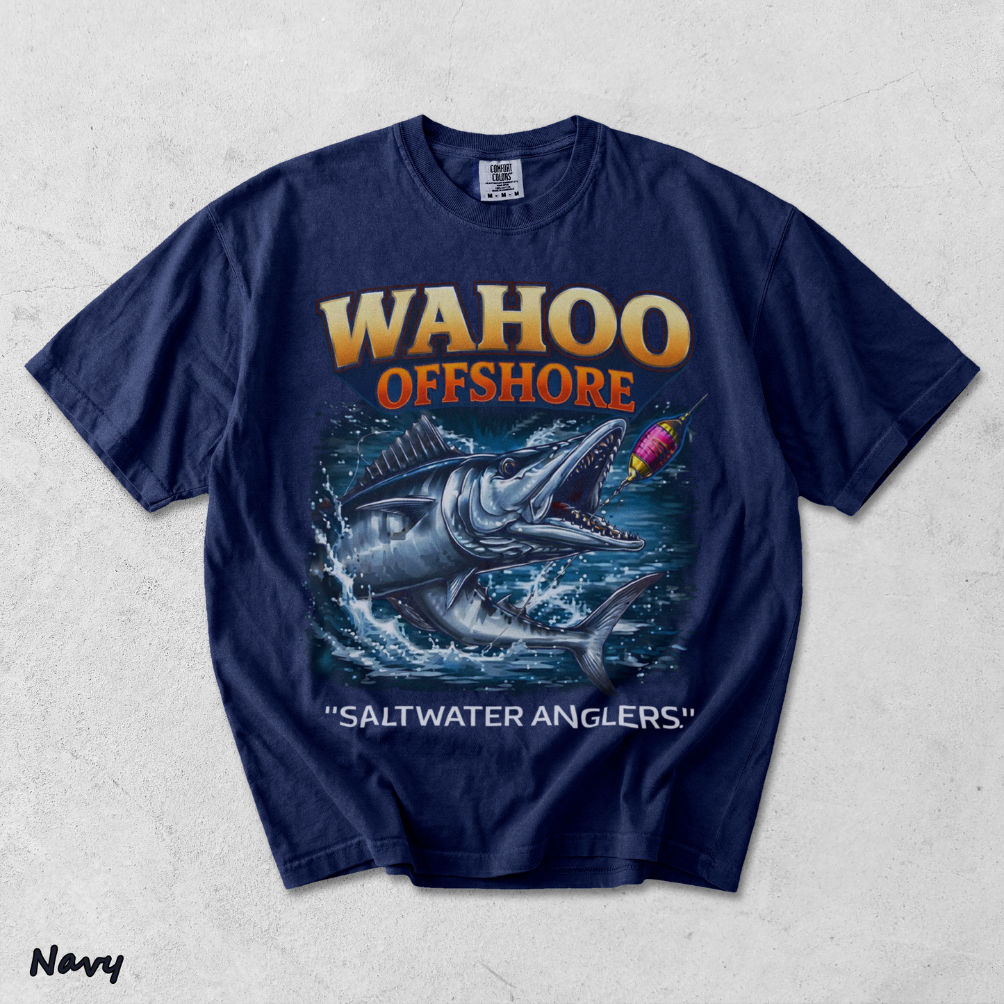 Wahoo Fishing T Shirt Offshore Angler Graphic Tee Saltwater Ocean Gift back - True Navy mockup