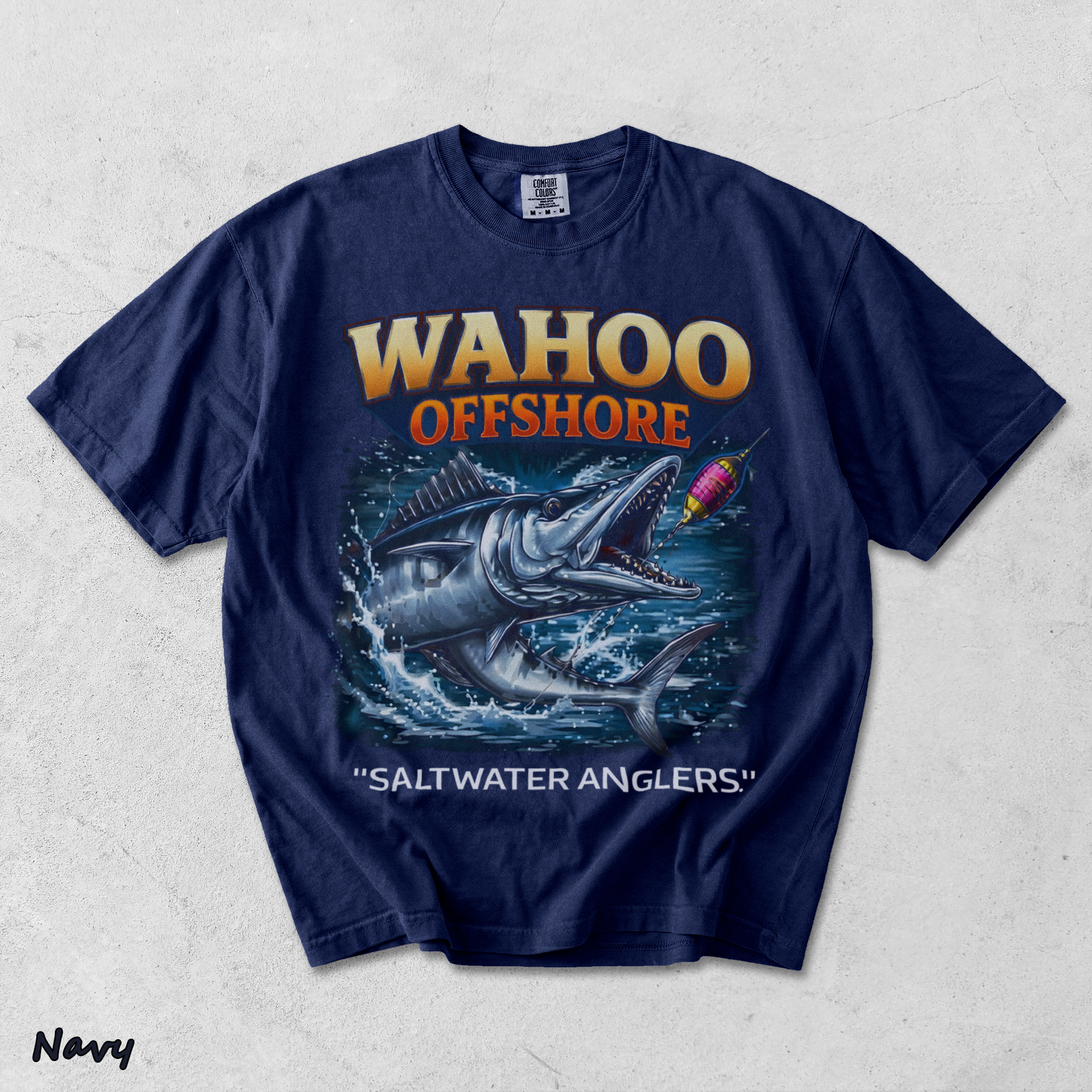 Wahoo Fishing T Shirt Offshore Angler Graphic Tee Saltwater Ocean Gift back - True Navy mockup