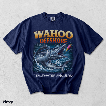 Wahoo Fishing T Shirt Offshore Angler Graphic Tee Saltwater Ocean Gift back - True Navy mockup